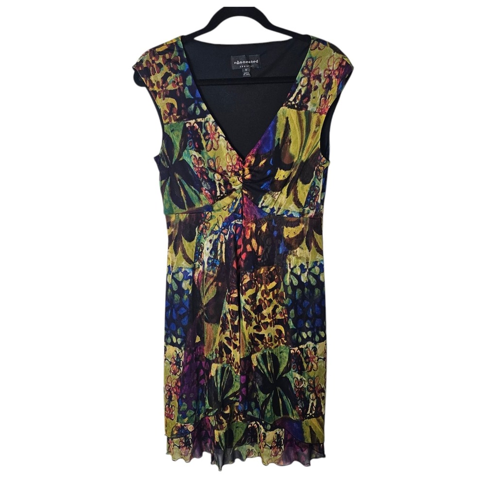 VTG 12 Babydoll Dress Multicolor Abstract Print Sleeveless Tiered Hem Sheer‎ Y2K